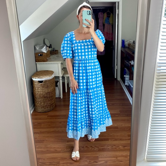 SOLD SZ Blockprints Tuckernuck Divya Cotton Midi Puff Sleeve Dress Gingham Blue - Picture 4 of 14